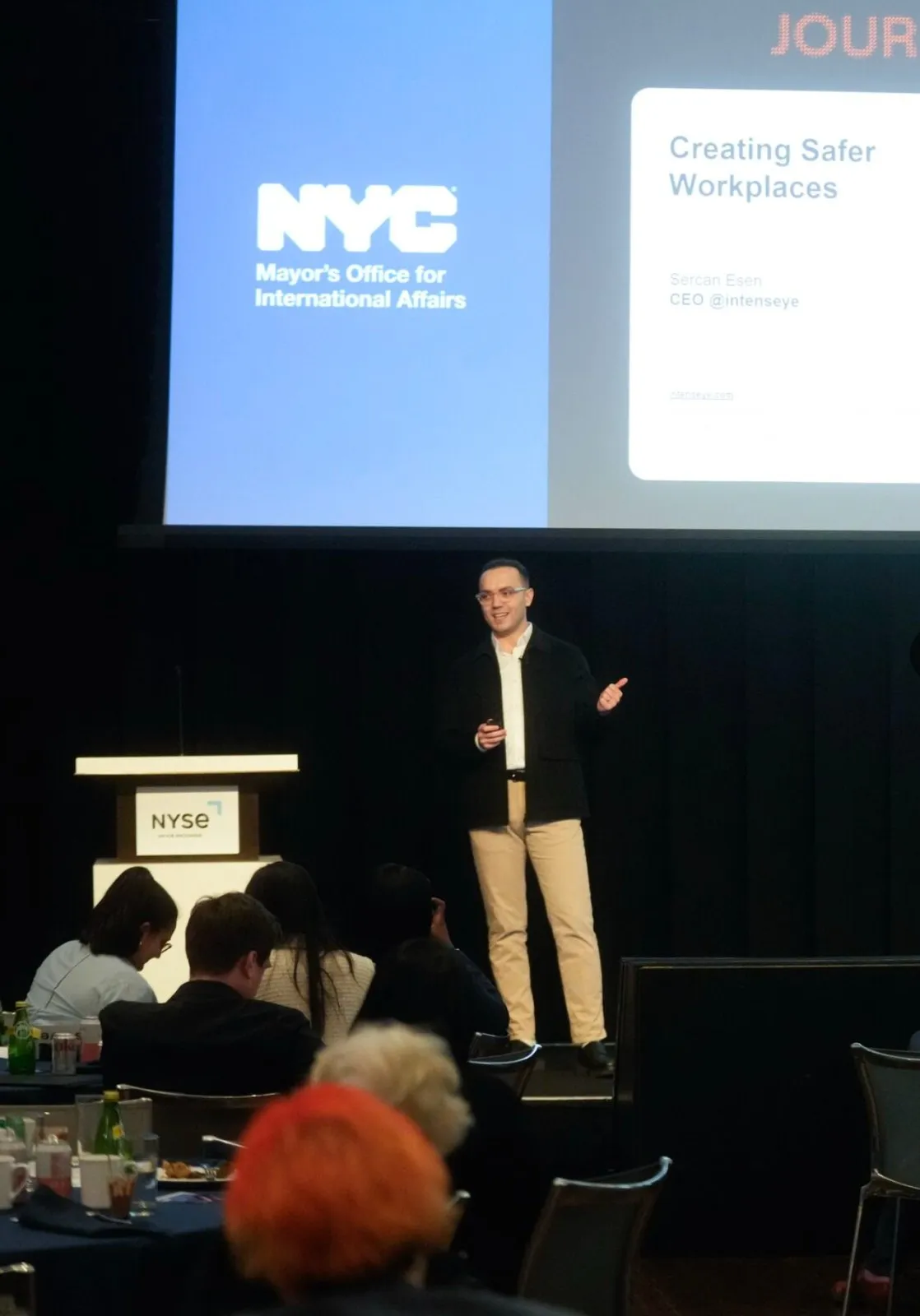 Sercan Esen speaking at the NYC Mayor's Office for International Affairs event at the NYSE